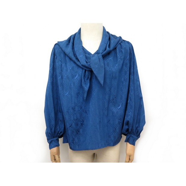 CHEMISE HERMES CHEMISIER FOULARD L 42 EN SOIE BLEU SILK SHIRT SCARF 2800€