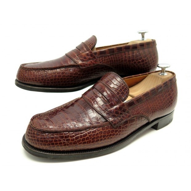 CHAUSSURES JM WESTON 180 7C 41 MOCASSINS CUIR DE CROCODILE MARRON LOAFERS 3790€