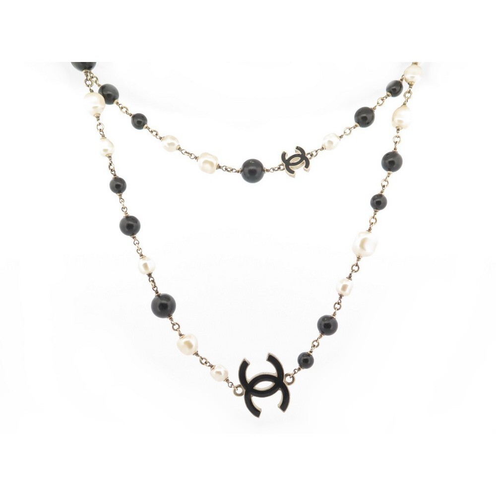 VINTAGE CHANEL SAUTOIR NECKLACE 106CM GOLD METAL PEARL & SATIN