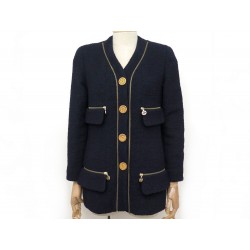 VINTAGE VESTE CHANEL BOUTONS CHAINE S 36 TWEED LAINE BLEU MARINE JACKET 5650€