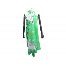 PAREO HERMES FLEURS EN COTON VERT PAGNE FOULARD CHALE FLOWERS SCARF 415€