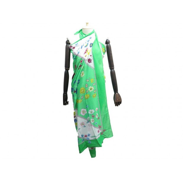 PAREO HERMES FLEURS EN COTON VERT PAGNE FOULARD CHALE FLOWERS SCARF 415€