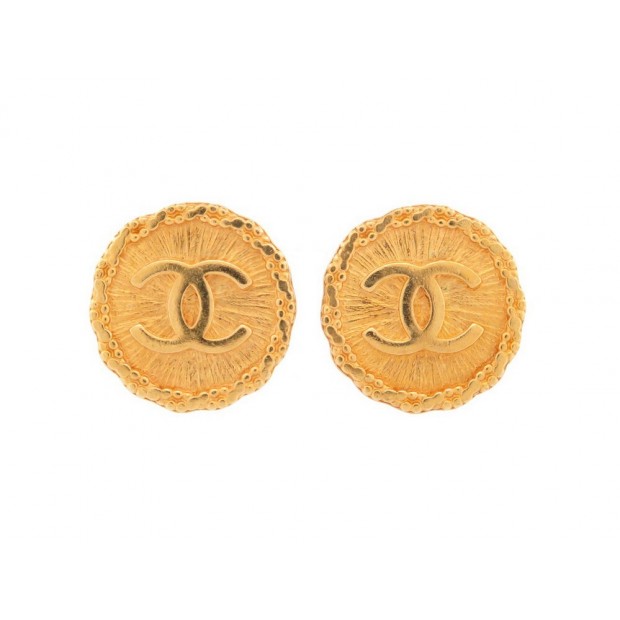 NEUF VINTAGE BOUCLES D'OREILLES CHANEL 1993 LOGO CC RONDES METAL DORE EARRINGS