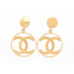 VINTAGE BOUCLES D'OREILLES CHANEL LOGO CC JUMBO PENDANTES EN METAL DORE EARRINGS