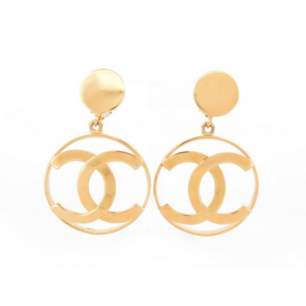 VINTAGE BOUCLES D'OREILLES CHANEL LOGO CC JUMBO PENDANTES EN METAL DORE EARRINGS