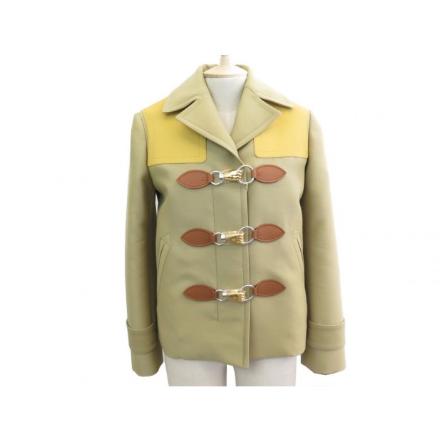 NEUF VESTE LANVIN MANTEAU RW-JA753K-4184-E20 S 36 LAINE SOIE CUIR KAKI NEW 2290€