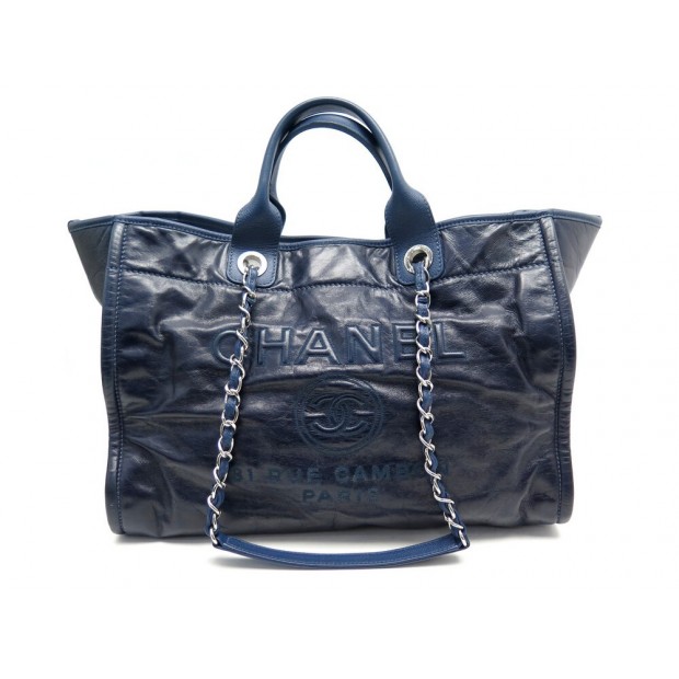 SAC A MAIN CHANEL CABAS DEAUVILLE MEDIUM CUIR BLEU MARINE LEATHER TOTE BAG 3400€