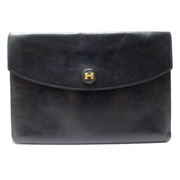 VINTAGE POCHETTE A MAIN HERMES RIO EN CUIR BOX NOIR SAC BLACK CLUTCH 1200€