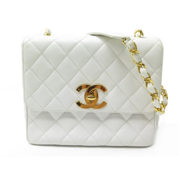 VINTAGE SAC A MAIN CHANEL TIMELESS SQUARE CUIR CAVIAR MATELASSE BLANC HAND BAG