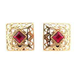 VINTAGE BOUCLES D'OREILLES YVES SAINT LAURENT DORE & PIERRE ROUGE CARRE EARRINGS