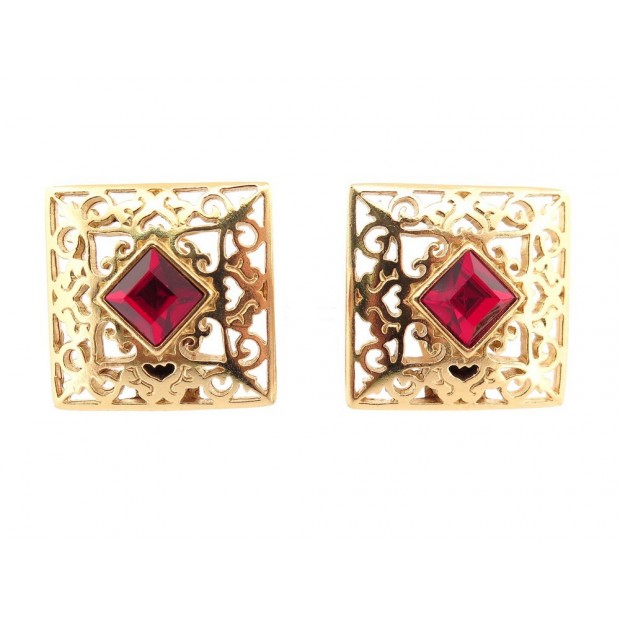 VINTAGE BOUCLES D'OREILLES YVES SAINT LAURENT DORE & PIERRE ROUGE CARRE EARRINGS