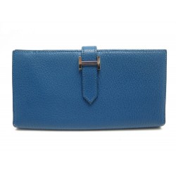 PORTEFEUILLE HERMES BEARN SOUFFLET CUIR CHEVRE MYSORE BLEU LEATHER WALLET 2270€