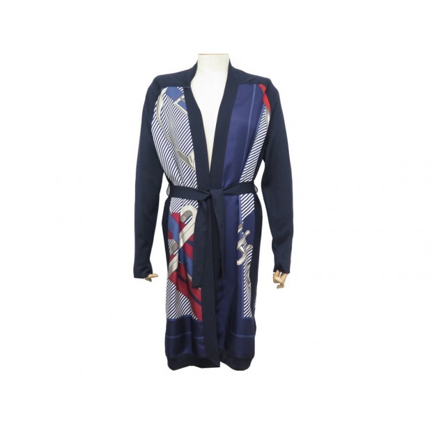 NEUF VESTE HERMES CARDIGAN LONG BOUCLES KIMONO M 38 SOIE BLEU NEW VEST 2700€