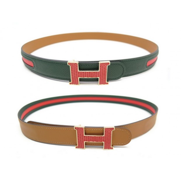 NEUF CEINTURE HERMES BOUCLE H EN CUIR LEZARD BOUCLE LIEN BICOLORE REVERSIBLE T80