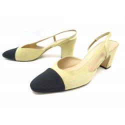 CHAUSSURES CHANEL SLINGBACK G31318 40 DAIM ET TOILE BEIGE NOIR BOITE SHOES 920€