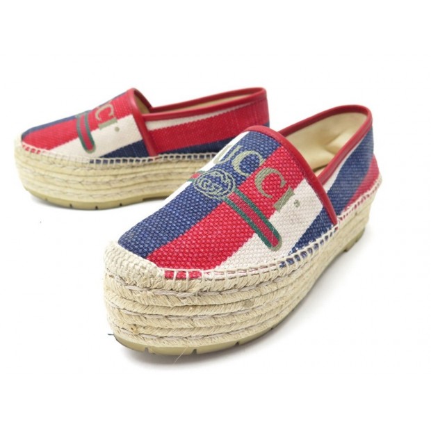 CHAUSSURES GUCCI ESPADRILLES LOGO SYLVIE 525989 38.5 PLATFORM FLAT SHOES 690€