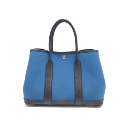 SAC A MAIN HERMES CABAS GARDEN PARTY 30 SMALL TOILE ET CUIR BLEU HAND BAG 1925€