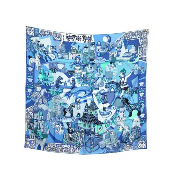 NEUF FOULARD HERMES ZABAVUSHKA CARRE 90 MIROSHNICHENKO SOIE BLEU SILK SCARF NEW