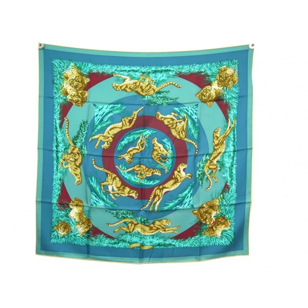 FOULARD HERMES GUEPARDS ROBERT DALLET CARRE 90 EN SOIE TURQUOISE SILK SCARF 410€