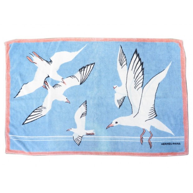 DRAP DE PLAGE HERMES LES MOUETTES SERVIETTE DE BAIN COTON BLEU BEACH TOWEL 475€