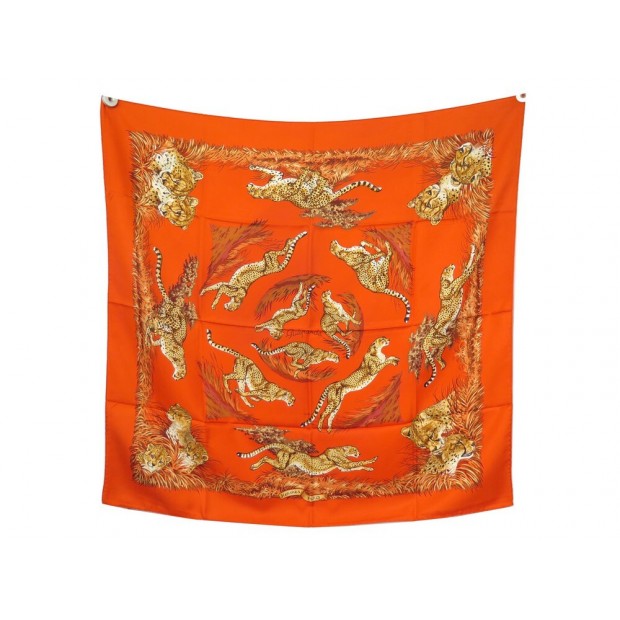 FOULARD HERMES GUEPARDS ROBERT DALLET CARRE 90 EN SOIE ORANGE SILK SCARF 410€