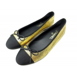 NEUF CHAUSSURES CHANEL BALLERINES LOGO CC G02819 37 EN CUIR DORE NEW SHOES 750€