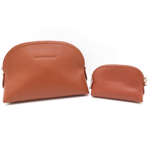 NEUF LOT LONGCHAMP TROUSSE + PORTE MONNAIE LE FOULONNE CUIR CARAMEL POUCH 165€