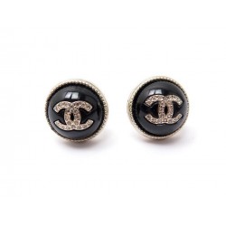 NEUF BOUCLES D'OREILLES CHANEL LOGO METAL DORE & RESINE NOIRE NEW EARRINGS 440€