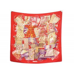 FOULARD HERMES VOYAGE EN ETOFFES FAIVRE CARRE 90 SOIE ROUGE BOITE SCARF 410€