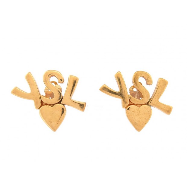 VINTAGE BOUCLES D'OREILLES YVES SAINT LAURENT LOGO YSL COEUR DORE EARRINGS