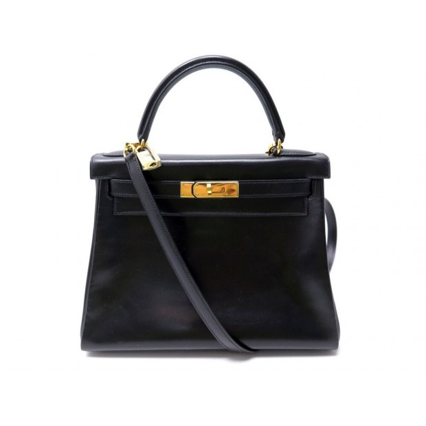 NEUF SAC A MAIN HERMES KELLY 28 RETOURNE 1998 EN CUIR BOX NOIR BANDOULIERE BAG