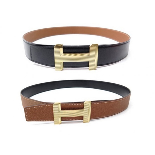 CEINTURE HERMES BOUCLE H 3D REVERSIBLE 38MM T95 CUIR NOIR ET GOLD BELT 710€