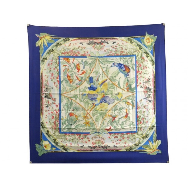 FOULARD HERMES TROPIQUES PAR LAURENCE BOURTHOUMIEUX EN SOIE BLEU SILK SCARF 410€