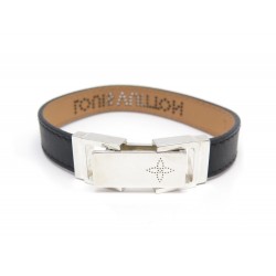 BRACELET LOUIS VUITTON BOUCLE ARGENT MASSIF FLEUR MONOGRAM & CUIR NOIR BANGLE