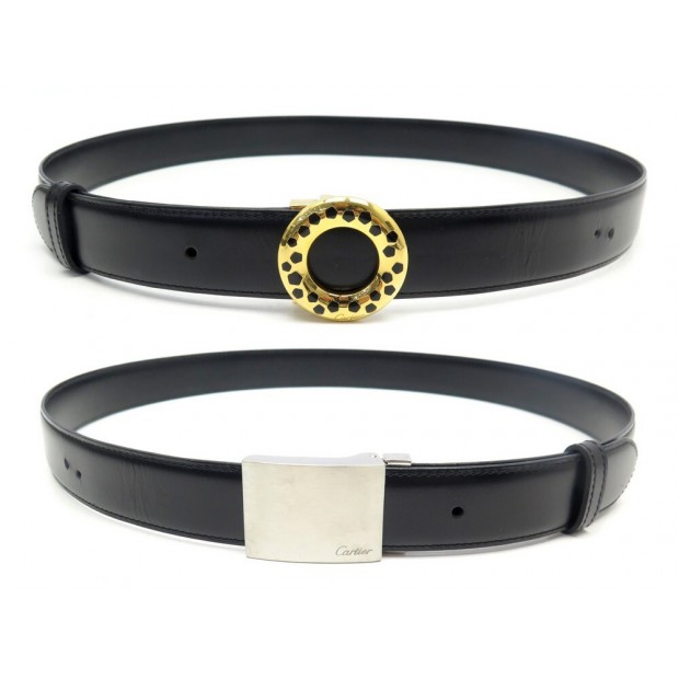 CEINTURE CARTIER BOUCLE PANTHERE ET MUST + LIEN T90 EN CUIR NOIR BLACK BELT 475€