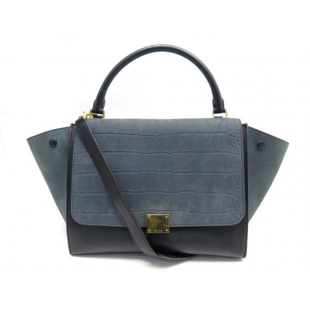 SAC A MAIN CELINE TRAPEZE MM EN CUIR BICOLORE NOIR & BLEU BANDOULIERE BAG 2500€