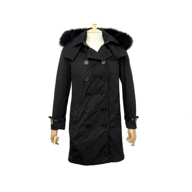 NEUF MANTEAU BURBERRY TRENCH KENSINGTON S 36 NOIR CAPUCHE FOURRURE COAT 1990€