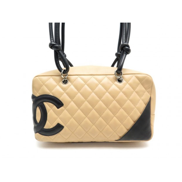 SAC A MAIN CHANEL CAMBON 28CM BOWLING EN CUIR MATELASSE BEIGE HAND BAG 2875€