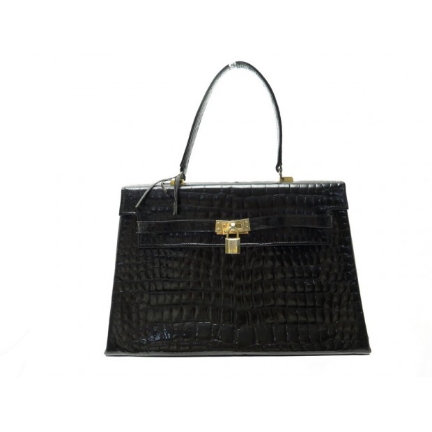 VINTAGE SAC A MAIN TYPE KELLY EN CUIR CROCODILE NOIR 35CM BLACK LEATHER HAND BAG