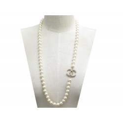 NEUF COLLIER CHANEL LOGO CC & PERLES SAUTOIR 75 CM EN METAL DORE NECKLACE 1290€