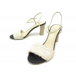 CHAUSSURES CHANEL SANDALES A TALONS BOIS 38 EN CUIR BEIGE SANDAL SHOES 1100€