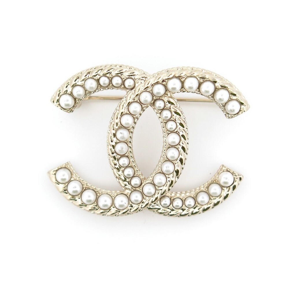 broche chanel logo cc et perles 2022 en metal dore