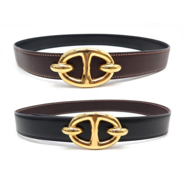 CEINTURE REVERSIBLE HERMES T 76 CUIR NOIR 28MM + BOUCLE CHAINE D ANCRE BELT 680€