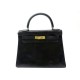 VINTAGE SAC A MAIN HERMES KELLY 28 RETOURNE 1959 CUIR BOX NOIR & BLEU HAND BAG