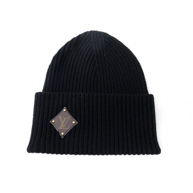 NEUF BONNET LOUIS VUITTON LV PATCH TOILE MONOGRAM M76706 LAINE NOIR BEANIE 350€