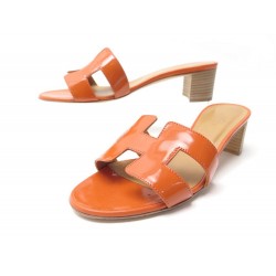 NEUF CHAUSSURES HERMES MULES A TALONS OASIS 36.5 CUIR VERNIS ORANGE SHOES 580€