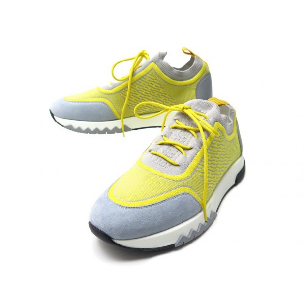 NEUF CHAUSSURES HERMES BASKETS ADDICT 39.5 TOILE & CUIR JAUNE SNEAKERS NEW 670€