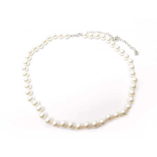 NEUF COLLIER CHANEL PERLES DE VERRE 10MM & METAL ARGENTE NEW PEARLS NECKLACE