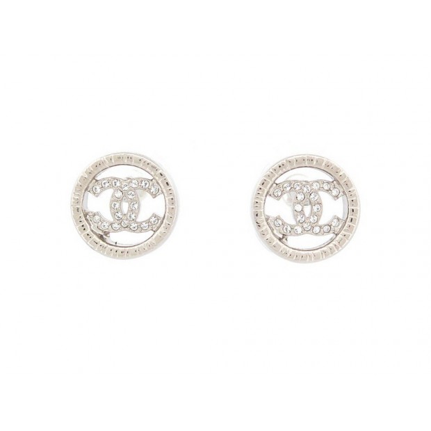 NEUF BOUCLES D'OREILLES CHANEL LOGO CC & STRASS METAL ARGENTE EARRINGS 2022 NEW