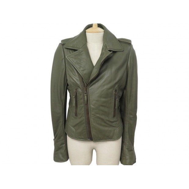 NEUF BLOUSON BALENCIAGA VESTE PERFECTO 180174 L 44 EN CUIR KAKI NEW JACKET 1795€